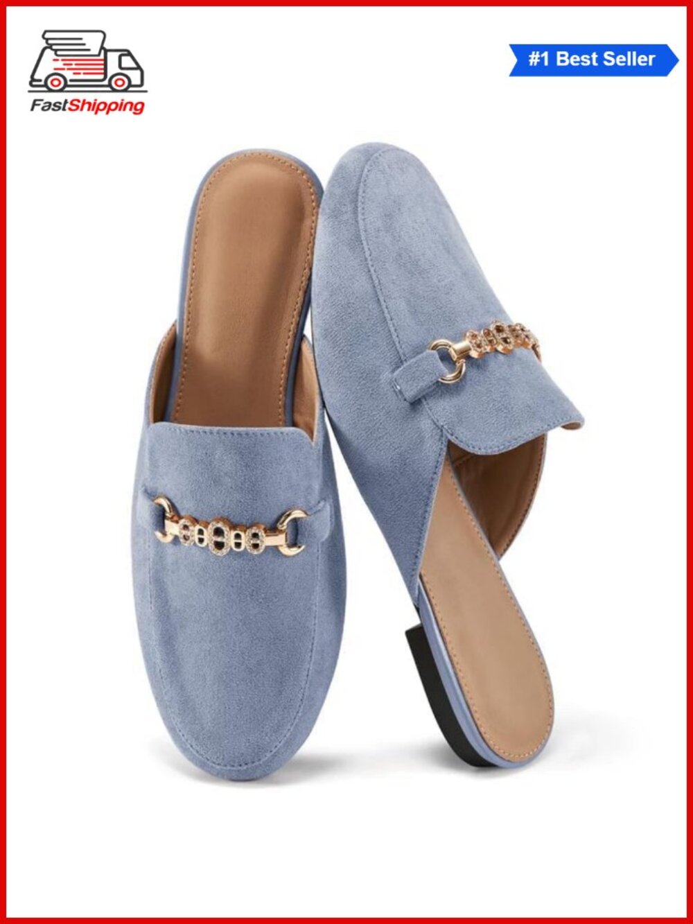 Faux Suede Slip On Mules with Crystal Buckle - Comfortable Women's Shoes
